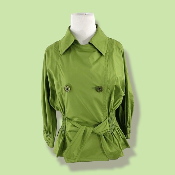 PER SE Jacket 2 Women's Tie Waist Green Robbed Double Breasted Fitted artsy - Picture 1 of 9